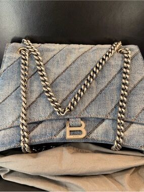 Balenciaga Washed Denim Quilted Medium Crush Chain Bag Denim Blue